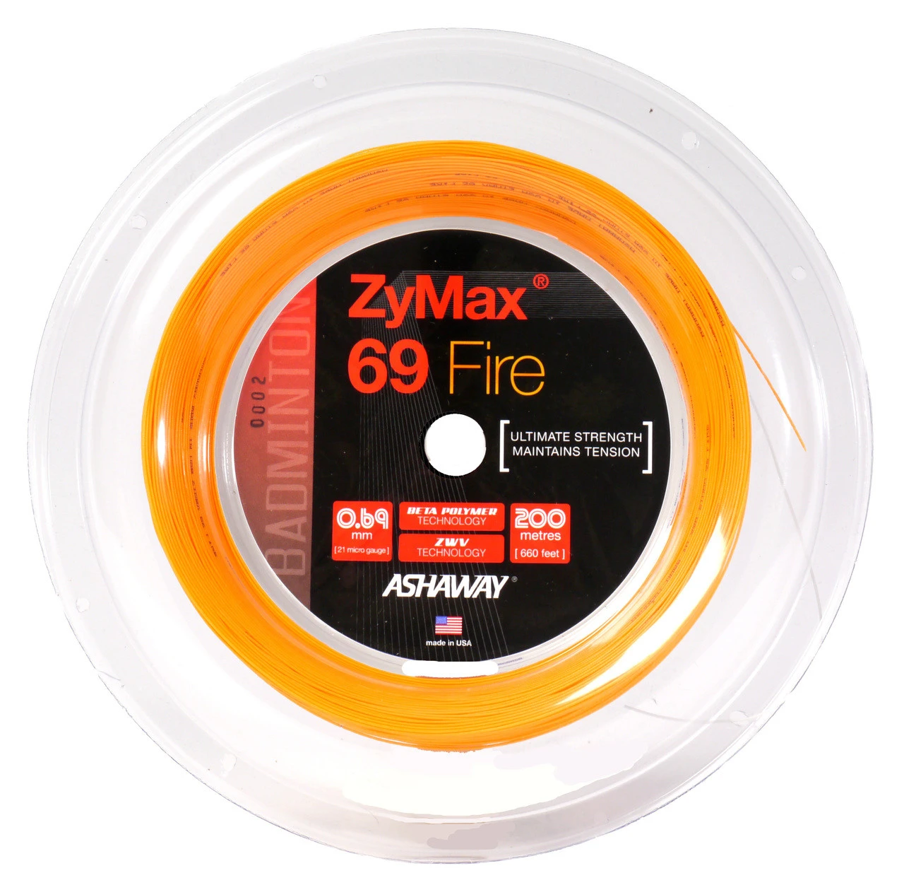 Ashaway ZyMax 69 Fire 0.69mm Badminton 200M Reel
